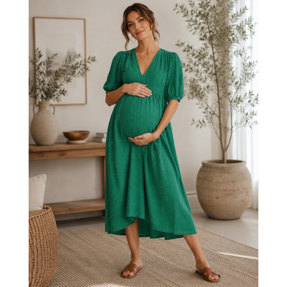Hatch Dress Women Size 1 Green Polka Dot Melanie Midi Maternity Cottagecore Boho
